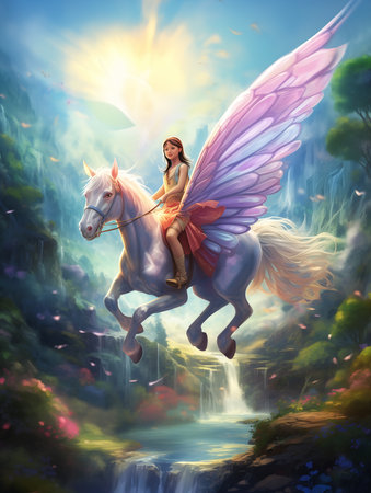 woman riding horse forest wings depicted pastel color deployed, generative aiの素材