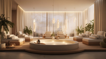 large living room circular bathtub matte ghostly white trees health spa meditation center promotional lighting still dune illustration, generative aiの素材