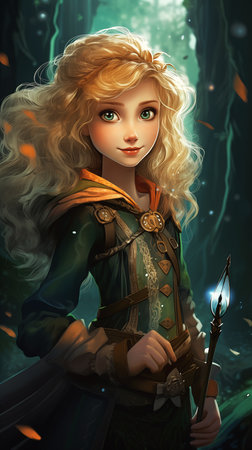closeup woman sword forest long blonde hair big eyes female cleric talented boy princess green cute cartoon portrait ranger elf dandelion characters merged blond curly celt, generative aiの素材
