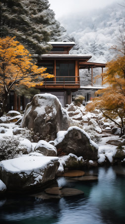 house sitting rock snow chinese architecture autumn rain consumer electronics japanese garden rustic enormous secure arizona cold temperature downtown aikido, generative aiの素材