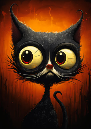 black kitty cat kitten yellow eyes tail mobile wide shocked expression auburn burton necro walking pronounced, generative aiの素材