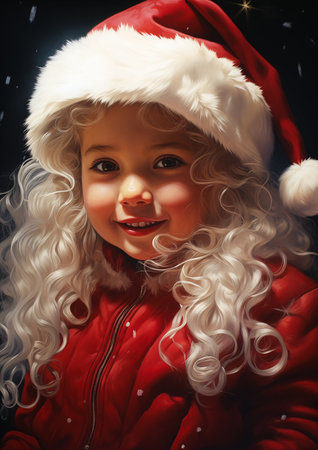 little girl wearing santa hat red jacket cute kids big smile young man brilliant glittering hair, generative aiの素材