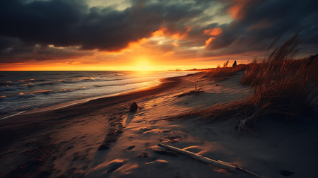 sunset beach dog walking sand glowing clouds michigan stunning body buried business products supplies screen, generative aiの素材