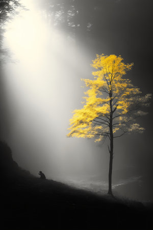 tree yellow leaves dog fog single point light black man stands out radiate connection color reaching towards heavens spectral evolution, generative aiの素材