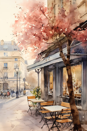 street scene tables chairs tree pink petals fly city spring architectural drawing enchanted dreams bakery, generative aiの素材