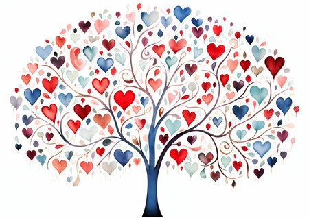 tree hearts painted resources background tv connections evokes feelings joy values flat shapes various hair color styles remembrance blue reduce duplication graphic, generative aiの素材