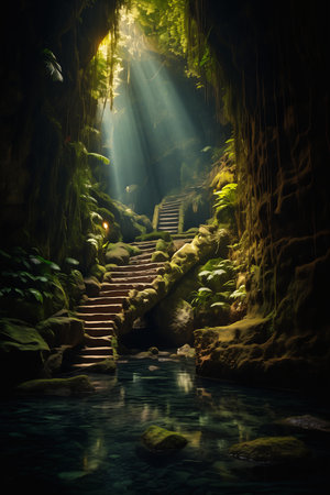 light shining cave vegetation ferns stairs ultra mayan pools dungeon background depths lake walking deep, generative aiの素材