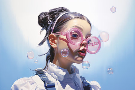 girl blowing bubbles pink glasses face princess precisionism walking deep pristine skin inflatable cover usa portrait, generative aiの素材