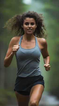 woman running rain tank top long puffy curly hair stimulant oval face attractive girl tomboy centered serene forest setting wearing tight shirt people female human torso womans, generative aiの素材