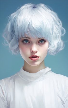 woman white wig blue eyes stunning portrait teen robot grey color still human lamb hybrid curly hair girl alps, generative aiの素材