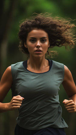 woman running park hair forested focus determined sports bra zoom out round face determination girl hoodie vest brimming energy, generative aiの素材