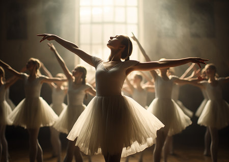 dancers ballet class dressed white transparent creating soft joy doves blossoming rhythm spotlight subject poland, generative aiの素材