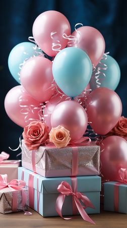balloons gift boxes pink blue ribbons bows top selection transparent pastel roses floating pals birthday party profile maternal colors, generative aiの素材