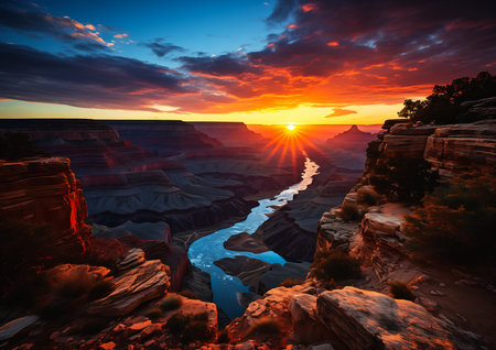 view canyon river running sunset golden hour neoplasticism early morning sunrise achingly wide horizon amazing inspiring rivers, generative aiの素材