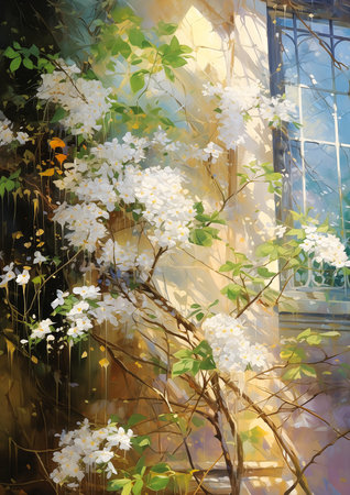 white flowering tree front window wall painted bright deep color city naturalistic technique shattered glass sunbeams illustration spring day, generative aiの素材