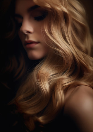 closeup woman long blonde hair society parted light soft color luminescent glow blush uniquely focus perfect human female specimen glossy design blended, generative aiの素材