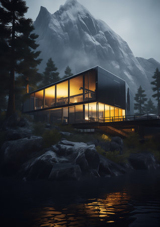 house rocky shore mountain background ash build forest near lake ultra der woods night, generative aiの素材