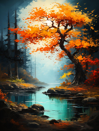 tree orange leaves river woods gorgeous vibrant palette babbling landscape amazing exquisite tall, generative aiの素材