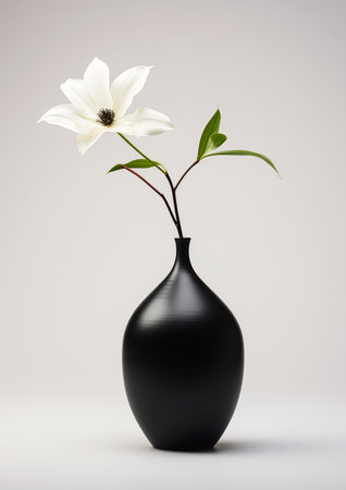black vase white flower minimalism clematis design professional product lacking three dimensionality rounded shapes simplified studio naturalistic technique models classicism, generative aiの素材