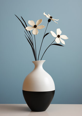 white vase flowers monochrome model rounded shapes brushed blue paint black wall woodblock modeled poser, generative aiの素材