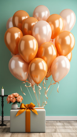 present balloons warm toned gradient background invitation card floating air orange hue happy birthday candles gilded gold heavily flowing salmon colored silk profile float, generative aiの素材