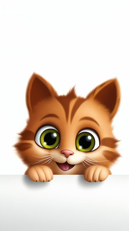 cartoon kitty cat kitten peeking blank sign big smile eyes long wallpapers cute childlike large visible pupils young female furry smiling city kindly face ginger, generative aiの素材