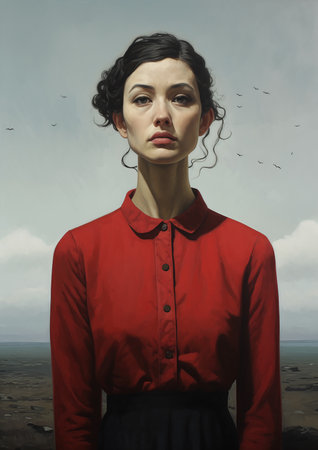 portrait woman red shirt black skirt horizon lament dao precisionism, generative aiの素材
