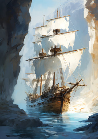 ship cave mountain background random arts sailing white silver pirates flag vast ice dungeon shackled, generative aiの素材