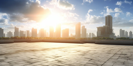 view city skyline sky background volumetric sunlight stunning sunny lighting patent registry empty space immaculate shading summer amazing inspiring, generative aiの素材