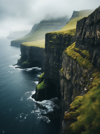cliff green grass covered face transparent blood yellowish deep cathedrals cloudy, generative aiの素材