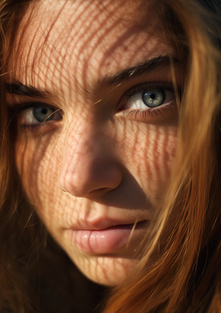 woman long hair blue eyes looking professional favorite perfect crisp sunlight faired skin torn mesh teenage girl face closeup sun drenched freckled female blurring, generative aiの素材