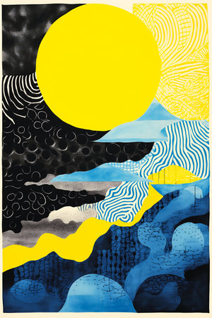 closeup sun clouds dynamic poster blue yellow gradient night sky sea swirling black wind shapes cover city times overlays ripples, generative aiの素材