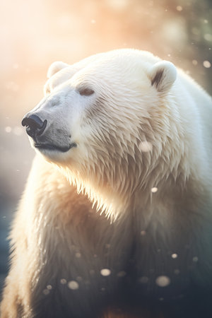 polar bear standing snow portrait lens flare carnal wet zoo summer sunlight startled close, generative aiの素材