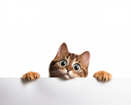 kitty cat kitten looking white sign flat vector graphic climbing cute fearful waiting behind wall emote hello below curiosity painfully adorable nervous look, generative aiの素材