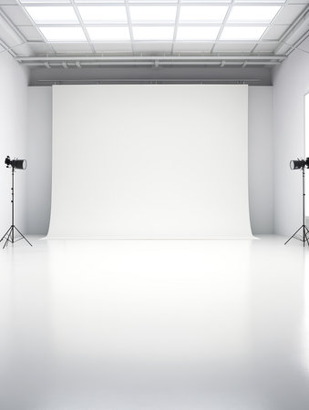closeup white room backdrop three lights empty warehouse background border inside grand studio ratio young ambient lighting open floor blurry, generative aiの素材