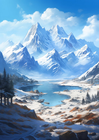 snowy mountain landscape lake cabin illustration panoramic imagery world fire blood concept environmental design canvas mountains, generative aiの素材