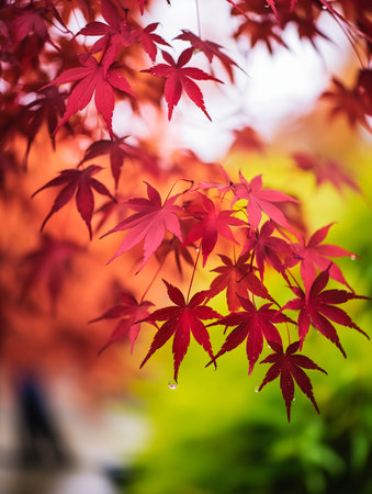 red leafed tree bench background falling high details defense city day after raining wall, generative aiの素材