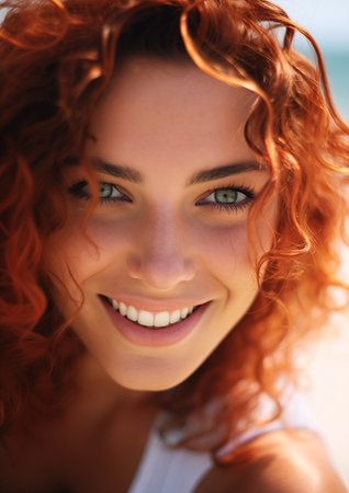 smiling woman red hair green eyes beach skin color long orange curls method different faces face centered blue curly light blond shown french girl closeup blonde happy models, generative aiの素材