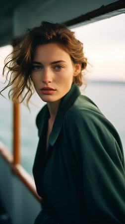 woman long hair boat looking professional sea green white clothes attractive girl tomboy princess perfectly face robe perfect wistful bosom blood shirt, generative aiの素材