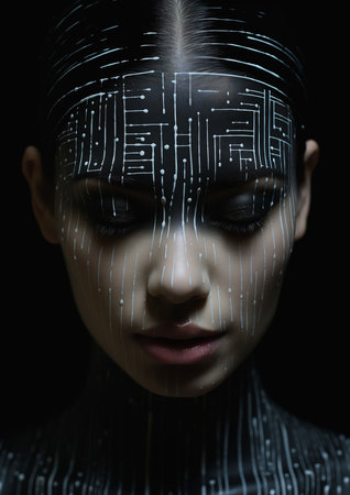 woman face head lines background computer terminals automaton shown models encrypted, generative aiの素材