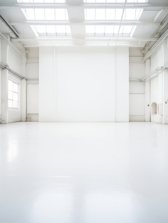 large room white wall floor empty warehouse background post punk album cover best covers floors factory desolation isolated nobody here whitespace, generative aiの素材