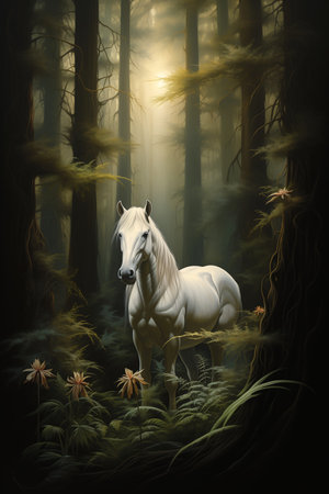 white horse forest sun shining trees power metal album cover somber eyes dense night quicksilver solitary mystic hue king dreams soft shading wanderer, generative aiの素材