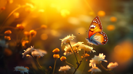 butterfly sitting flower golden hour background transparent transformation scene diaphanous, generative aiの素材