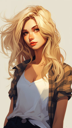 closeup woman blonde hair white shirt flannel casual summer clothes mermaid girl super long female uniquely cartoon harsh sunlight human, generative aiの素材