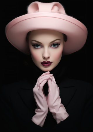 woman pink hat gloves posing portrait perfect symmetry vintage makeup expressive eyes porcelain pompadour international awards, generative aiの素材