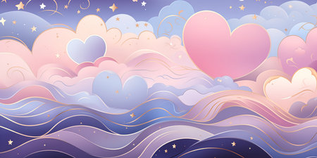 heart shaped balloon floating sky palette illustration soft pink color clouds vivid horse hair wigs starry background streaming bubbly scenery space backdrop, generative aiの素材