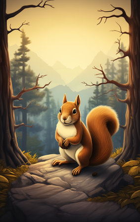 squirrel sitting rock woods weather portrait scene large horned tail mascot witness, generative aiの素材