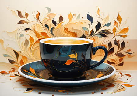 cup coffee saucer floral design golden leaves lots swirling illustration fine, generative aiの素材