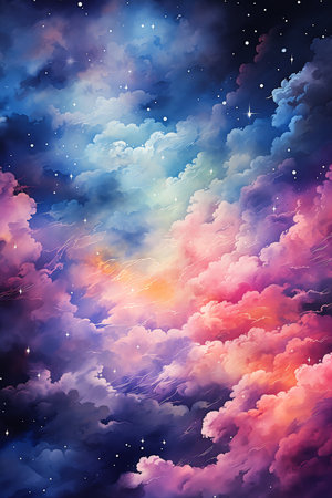 sky clouds stars curtain glowing swirling tall fluffy heavens scattered upon, generative aiの素材