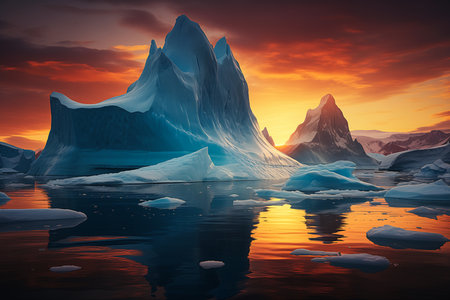 large iceberg deep mountain background sunset panoramic virtual world cold color solid warm anomalies antarctica, generative aiの素材